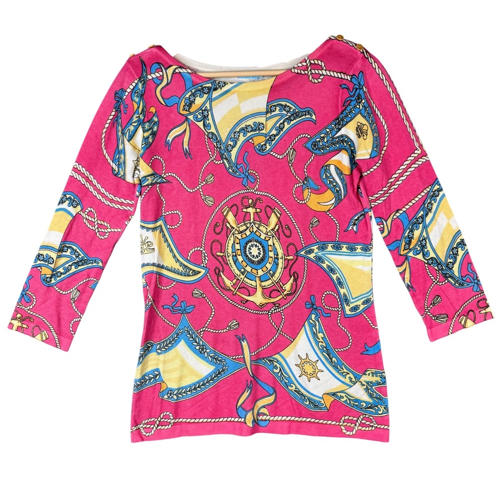 J.McLaughlin Pink Nautical Scarf Print Boatneck 3/4 Sleeve Knit Top Size XS
